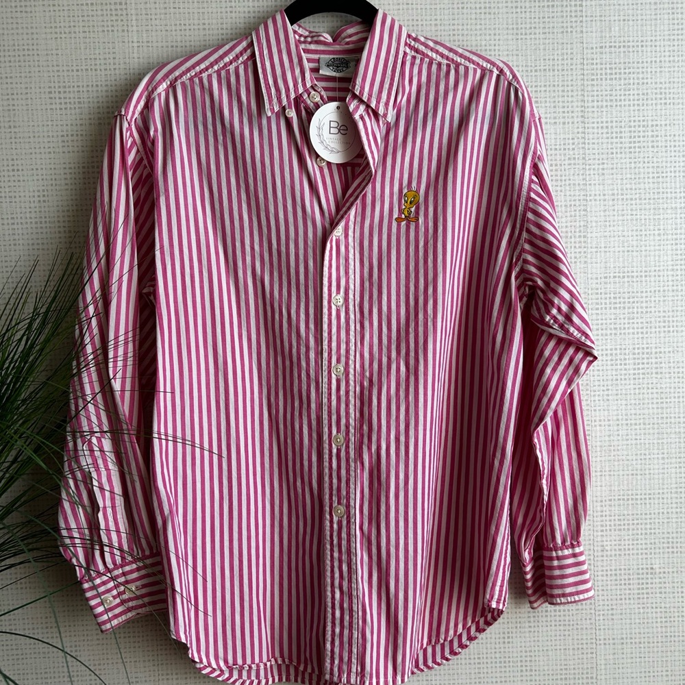 Looney Tunes Classic Pink and White Striped Women's Button Down Shirt